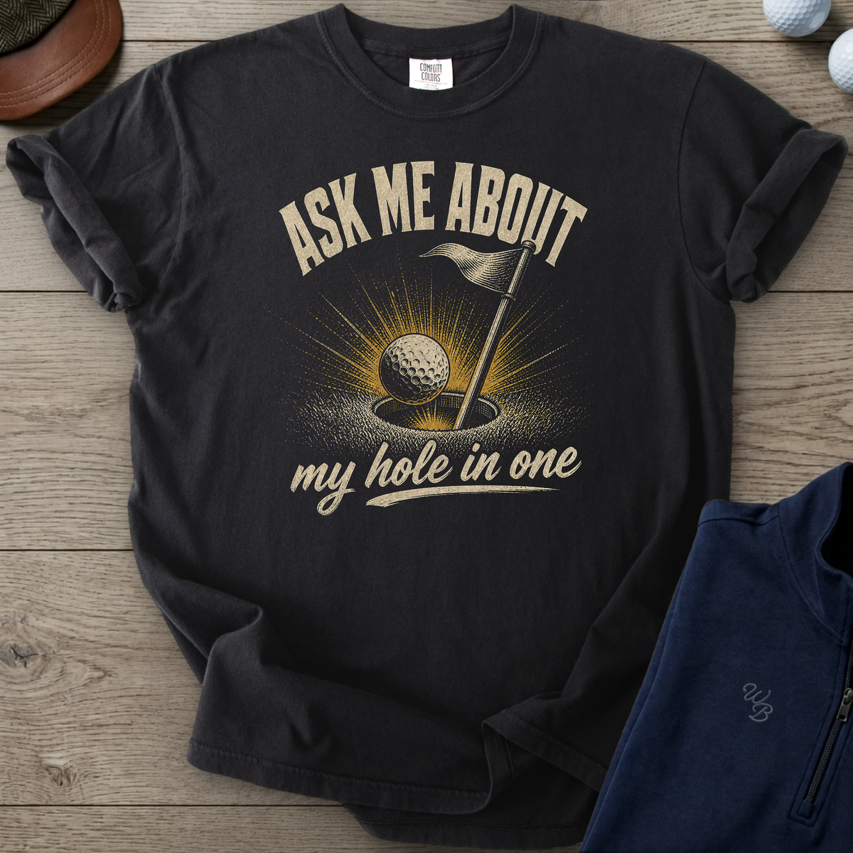 Ask Me About My Hole In One Heavyweight Tee — Black t-shirt