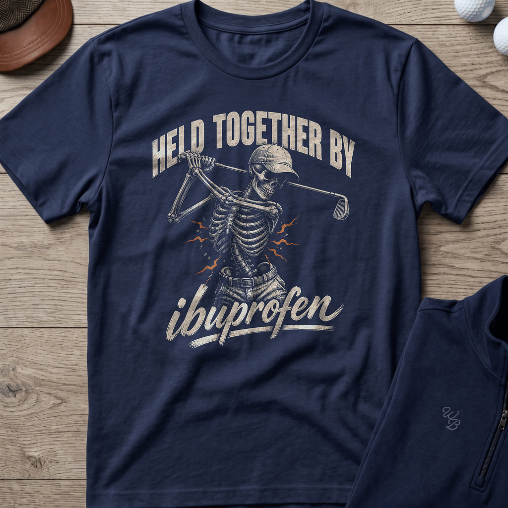 Held Together By Ibuprofen — Navy t-shirt